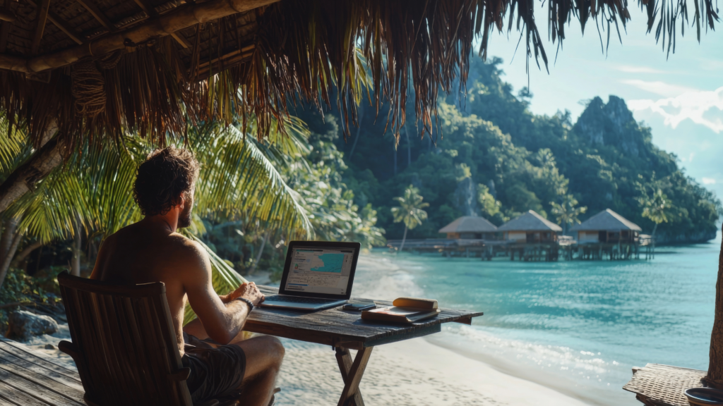 Remote worker using a laptop at a beachfront hut, surrounded by palm trees and turquoise waters.