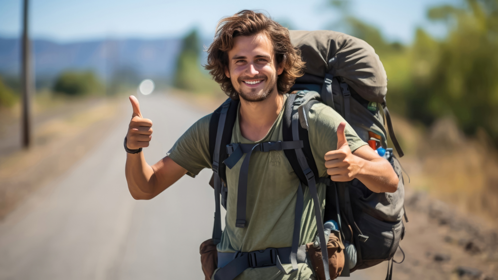 Smiling solo backpacker hitchhiking on an open road with a large hiking backpack.