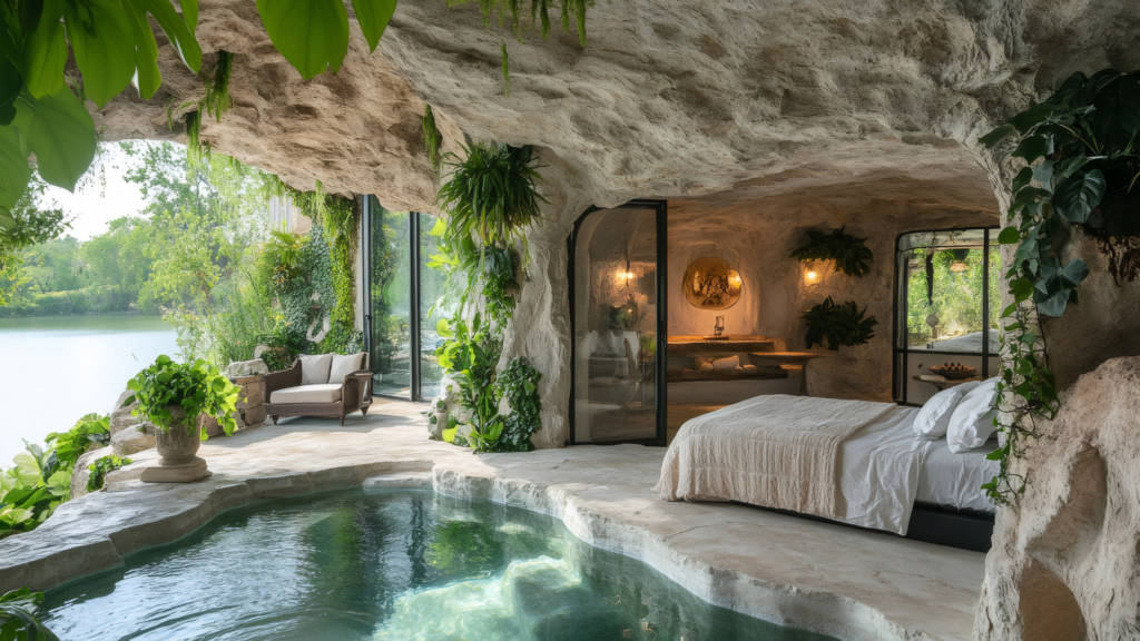 Eco-friendly cave hotel with a natural rock pool, lush greenery, and river views.