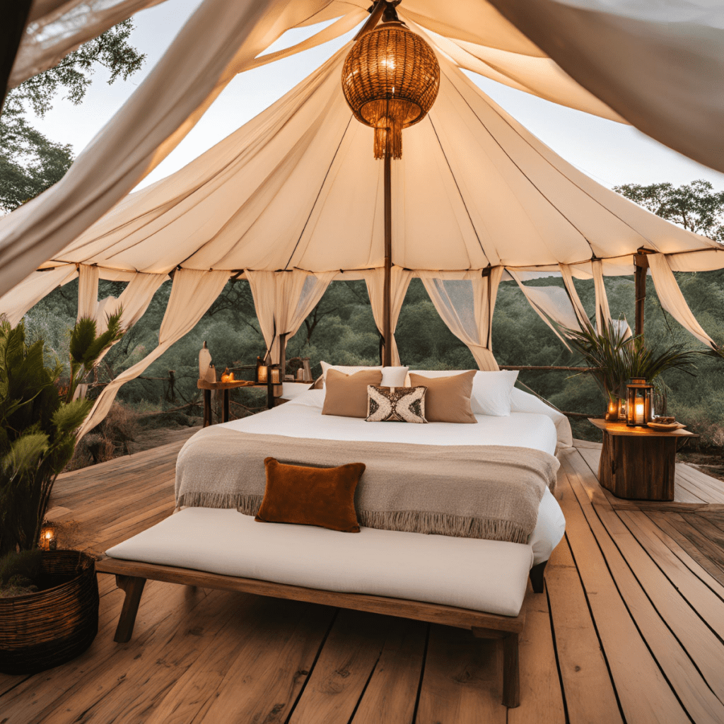 Luxury glamping tent with a comfortable bed, warm lighting, and a scenic outdoor view.