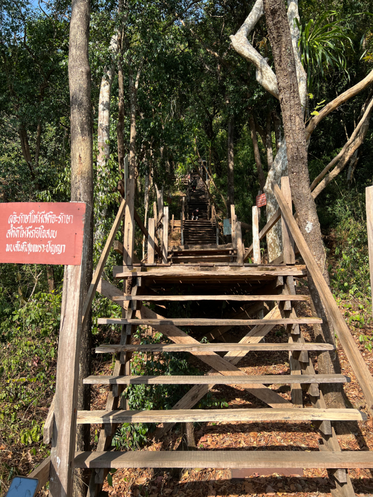 Hidden Thailand: The steep wooden stairway leading up to Wat Phu Tok, Unusual places in Thailand: A challenging climb up the wooden steps to Wat Phu Tok, Hidden gems in Thailand: The rustic entrance to the cliffside temple of Wat Phu Tok, Best secret spots in Thailand: Adventurous hike through the forest to Wat Phu Tok, Off-the-beaten-path Thailand: Wooden stairs leading to a hidden temple in Bueng Kan