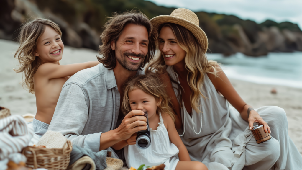 Happy family enjoying a beachside picnic, laughing together on a tropical coastline.