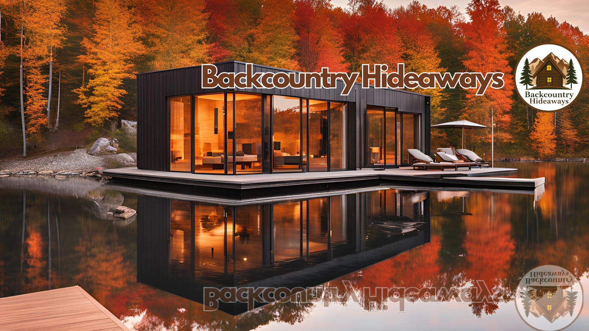 Modern floating cabin with floor-to-ceiling glass windows, surrounded by autumn trees reflecting on a peaceful lake.