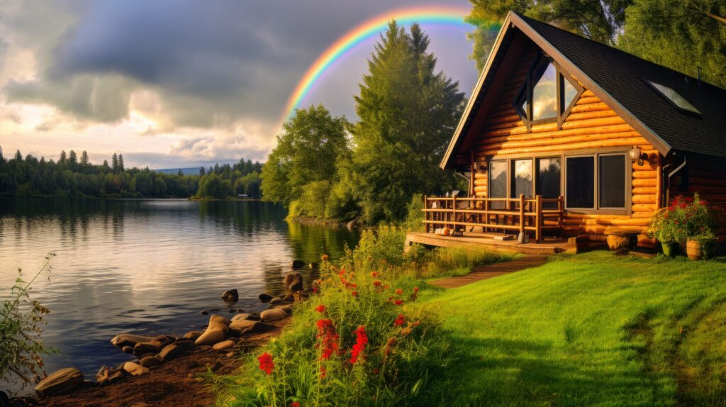 Cozy lakeside log cabin with a vibrant rainbow arching over a peaceful forest setting.