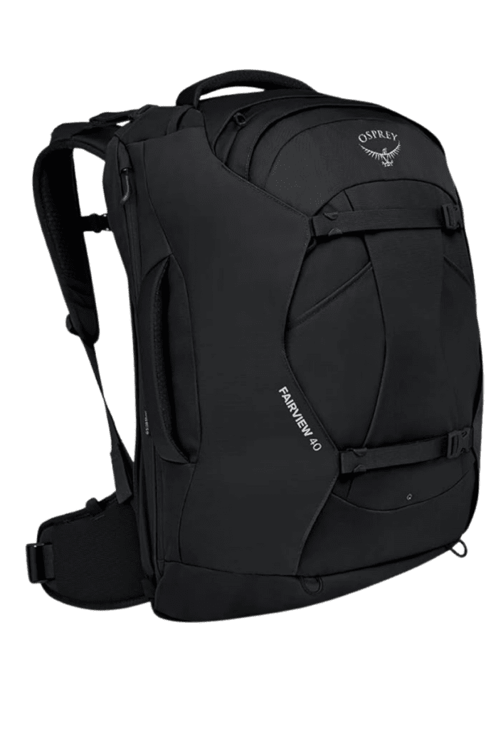 Osprey Fairview 40 women’s travel backpack in black, ideal carry-on backpack for travel.