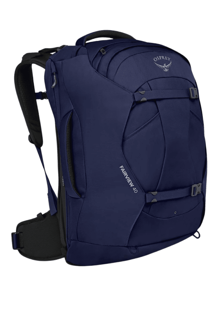 Osprey Fairview 40 travel backpack in winter night blue, best women’s backpack for international carry-on travel.