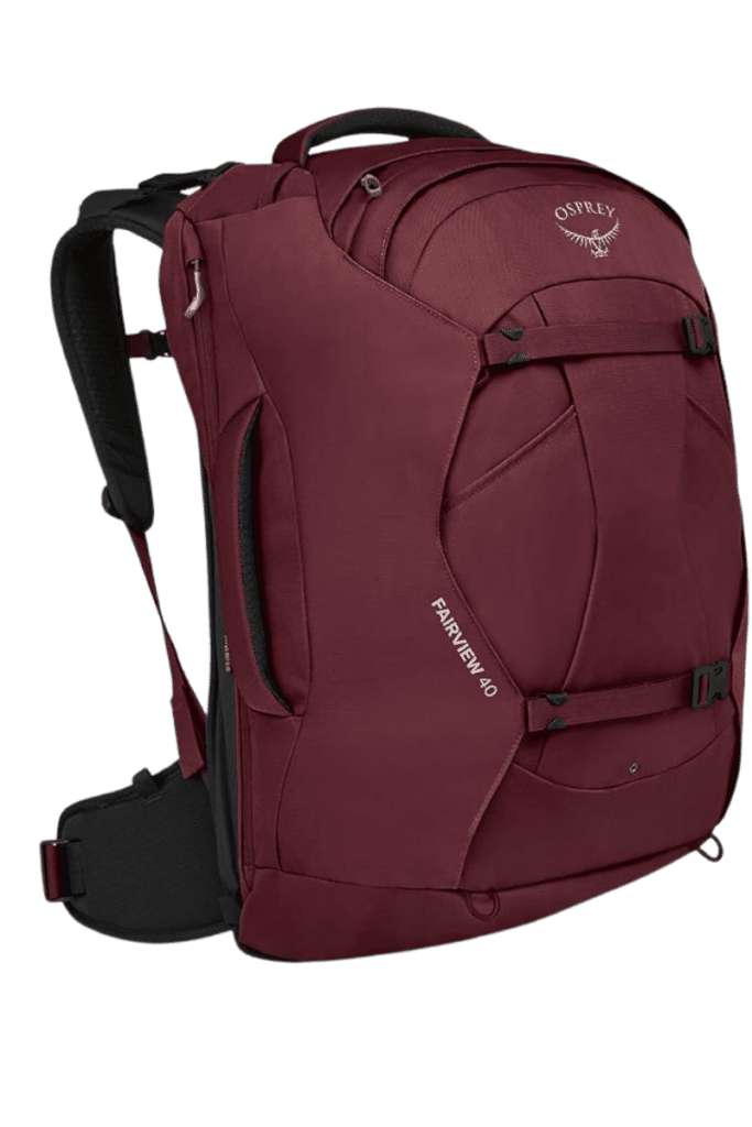 Osprey Fairview 40 women’s travel backpack in zircon red, compact carry-on backpack for travelers.
