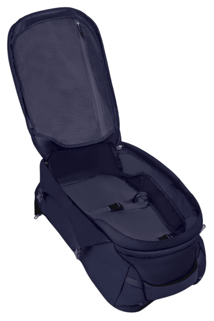 Interior of Osprey Fairview 40 backpack showcasing spacious clamshell opening, ideal for organized packing and carry-on travel.
