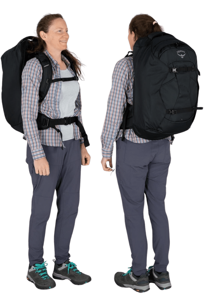 Woman wearing the Osprey Fairview 40 backpack, comfortable and ergonomic carry-on backpack for female travelers.