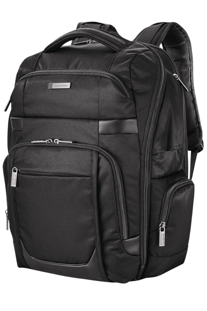 Front View of Samsonite Tectonic Lifestyle Crossfire Backpack – A durable and spacious black Samsonite backpack with multiple compartments, ideal for travel and daily use.