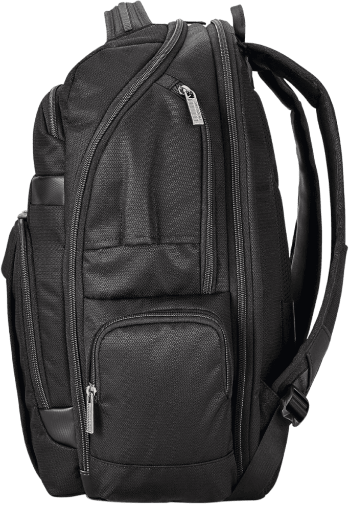 Side View of Samsonite Tectonic Lifestyle Crossfire Backpack – Sleek black travel backpack featuring multiple zippered pockets for organization and easy access.