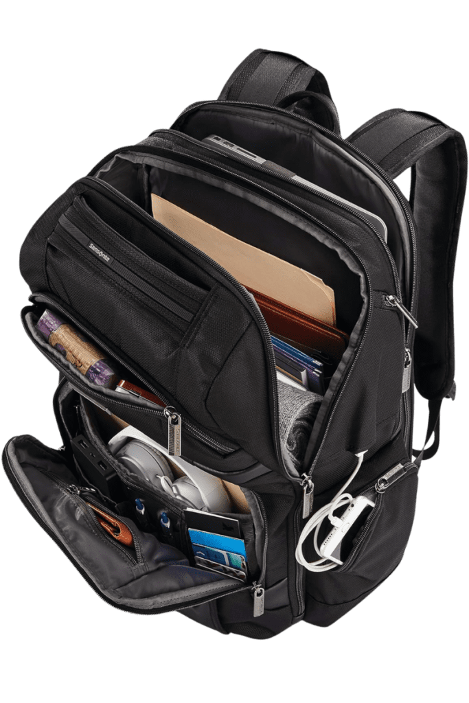 Fully Open Samsonite Tectonic Lifestyle Crossfire Backpack – Spacious laptop backpack with multiple compartments for gadgets, documents, and travel essentials.