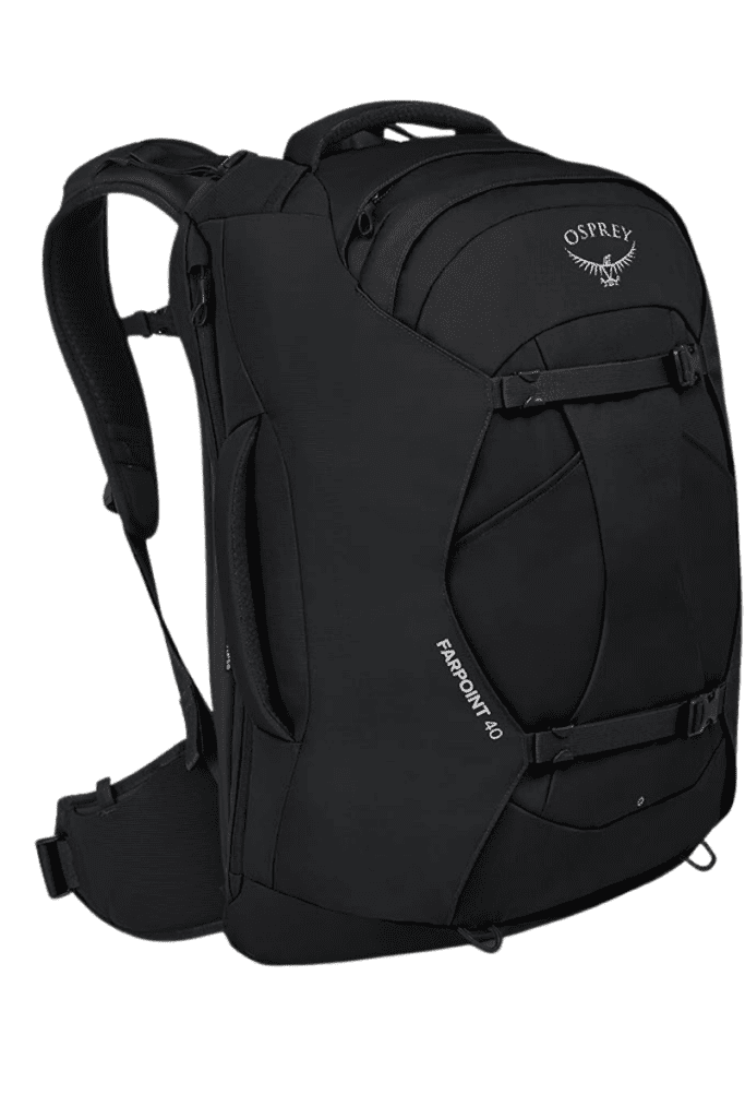 Osprey Farpoint 40 travel backpack in sleek black, ideal carry-on size and durability for 2025 travelers