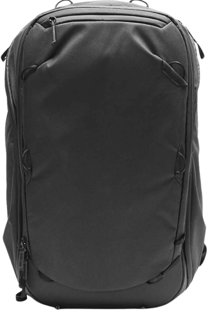 Black travel backpack with a sleek, minimalist design, perfect for carry-on travel and urban commuting.