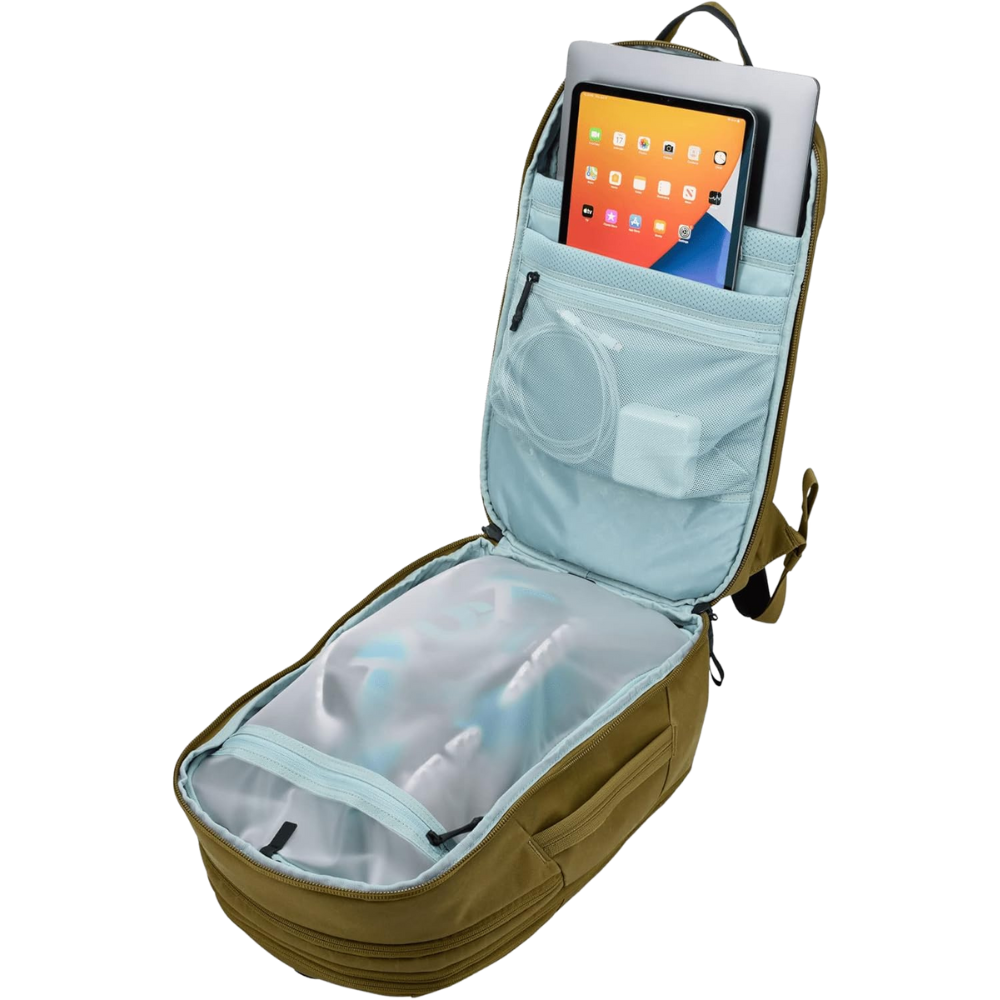 full open.png – Thule backpack fully unzipped, revealing a spacious main compartment with a dedicated laptop and tablet sleeve.