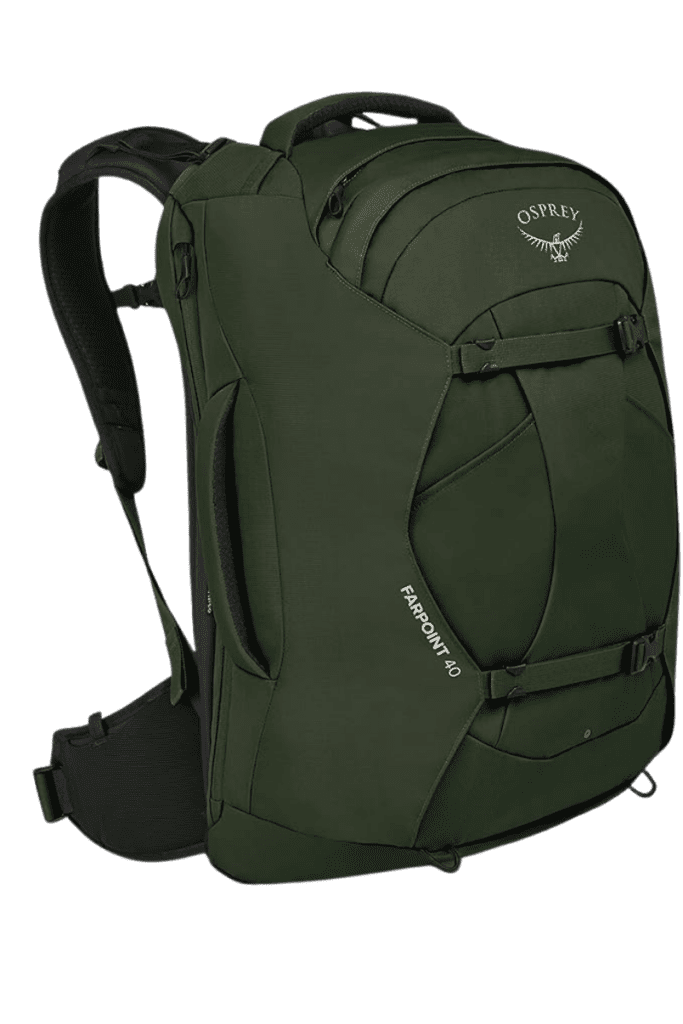 Osprey Farpoint 40 carry-on travel backpack in forest green, designed for efficient packing and comfort