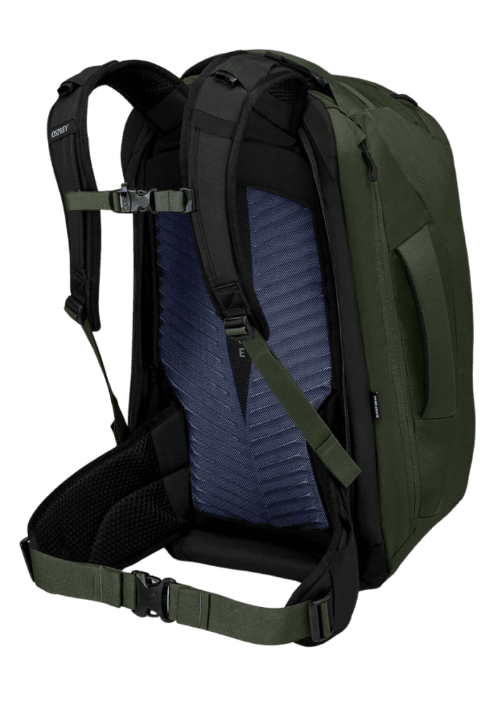 Rear view of Osprey Farpoint 40 backpack, showcasing comfortable padding and support for carry-on travel