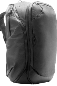 Black travel backpack with a sleek, minimalist design, perfect for carry-on travel and urban commuting.