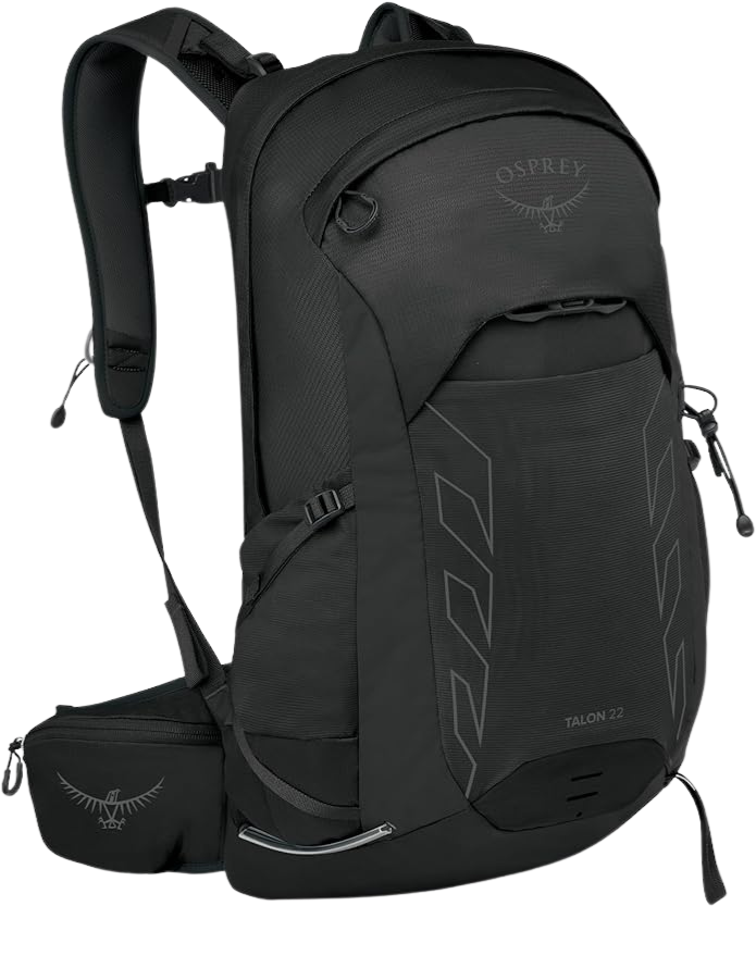 Osprey Talon 22 lightweight hiking backpack in black with ventilated back panel, hip belt storage, and 22L capacity – best day pack 2025 for versatility.