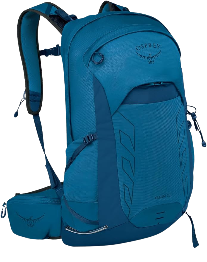 Osprey Talon 22 lightweight hiking backpack in black with ventilated back panel, hip belt storage, and 22L capacity – best day pack 2025 for versatility.