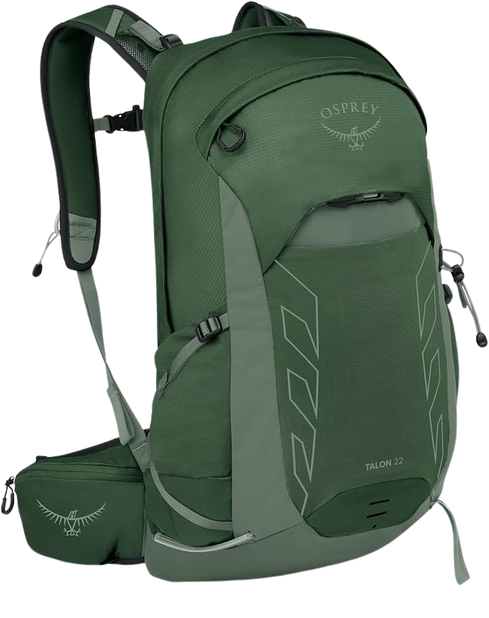 Osprey Talon 22 lightweight hiking backpack in black with ventilated back panel, hip belt storage, and 22L capacity – best day pack 2025 for versatility.