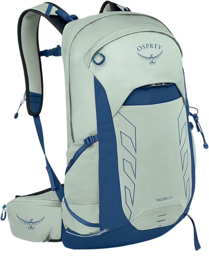 Osprey Talon 22 lightweight hiking backpack in black with ventilated back panel, hip belt storage, and 22L capacity – best day pack 2025 for versatility.