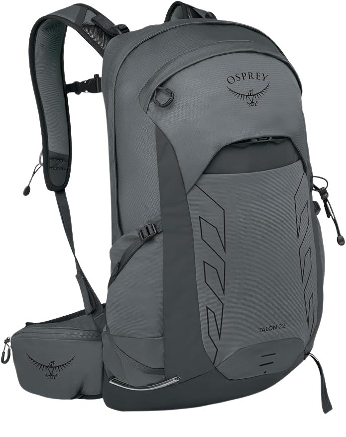 Osprey Talon 22 lightweight hiking backpack in black with ventilated back panel, hip belt storage, and 22L capacity – best day pack 2025 for versatility.