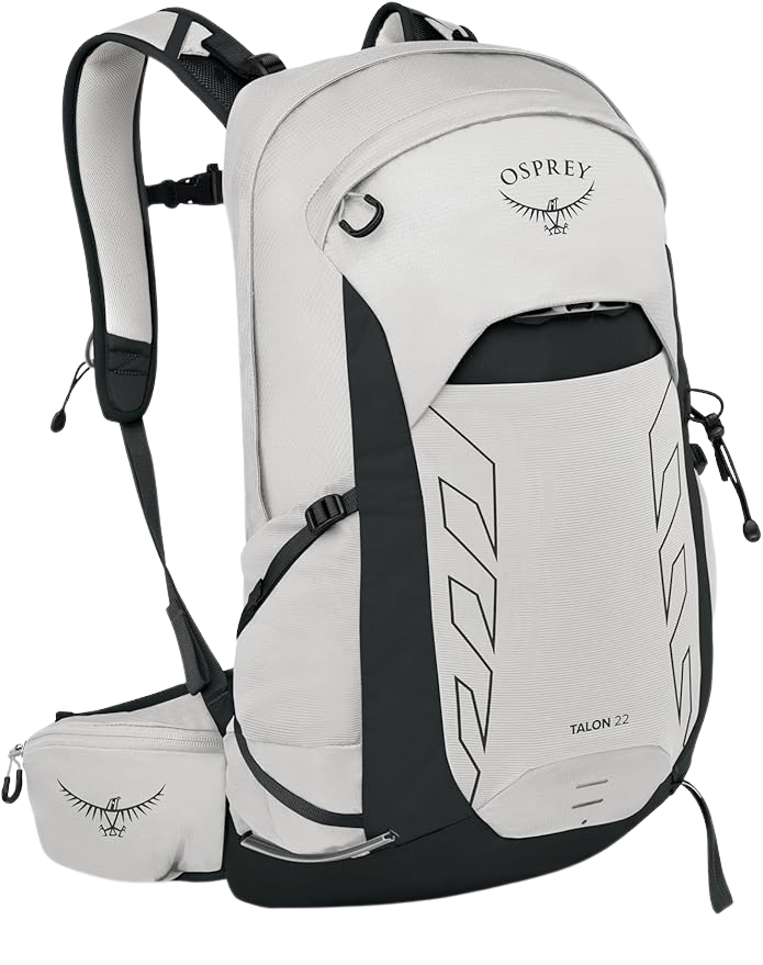 Osprey Talon 22 lightweight hiking backpack in black with ventilated back panel, hip belt storage, and 22L capacity – best day pack 2025 for versatility.