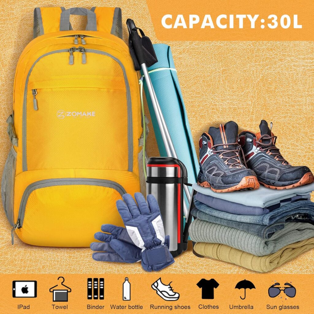 ZOMAKE Lightweight Packable Backpack 30L – Best day pack 2025 for travel and hiking, foldable and water-resistant, ideal budget carry-on backpack.